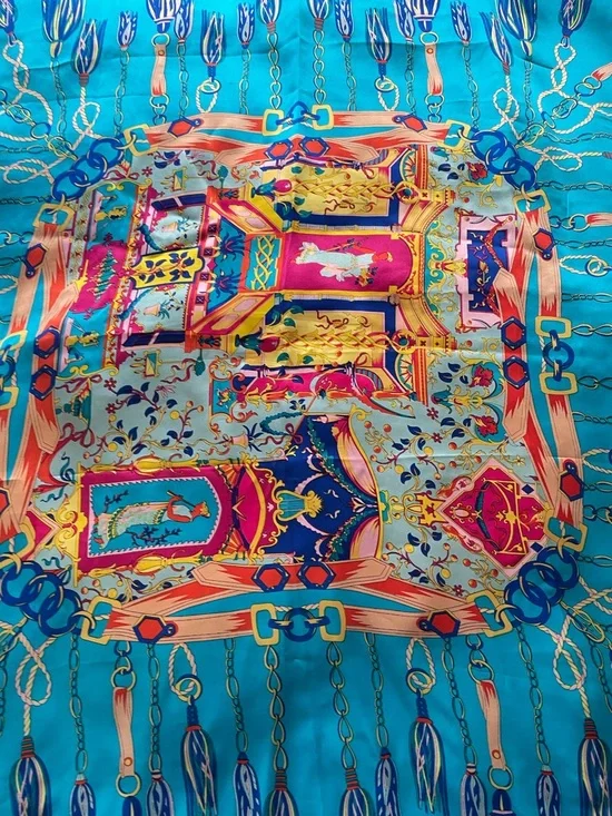 Vibrant Turquoise Silk Scarf with Tassel Print 42 x 42 - Picture 15 of 16
